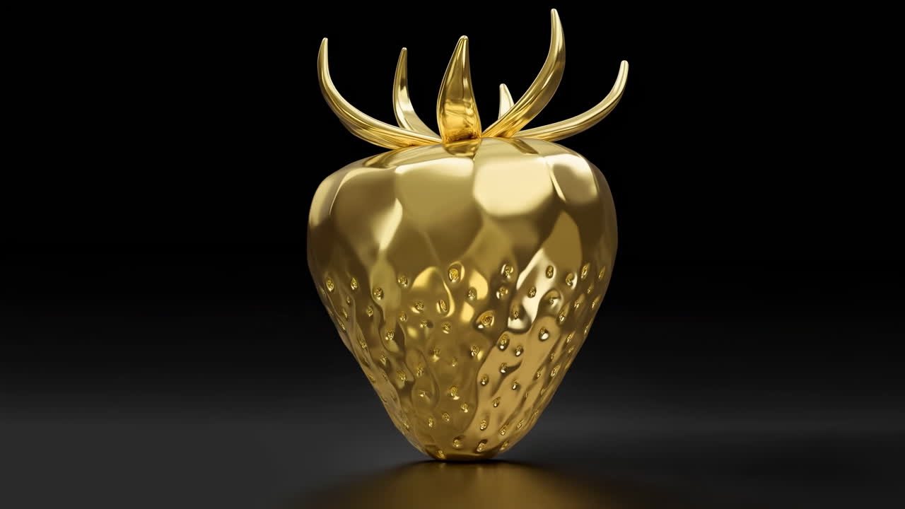 Scultura Di Fragola Dorata Su Superficie Nera, Finitura Dorata Scintillante Con Riflessi Lucidi, Seme Dettagliato