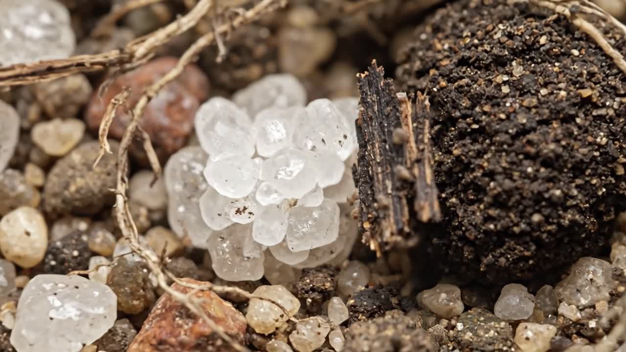 Makronærbillede af jord med krystaller, sten og små insekter