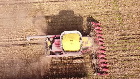 bird's eye view of combine harvester harvesting corn in southeast michigan - aerial drone shot