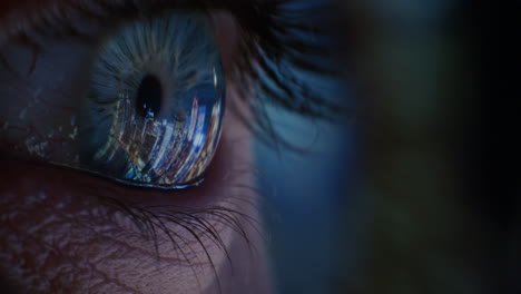 close up macro eye opening city lights reflecting on iris looking at beautiful urban skyline at night