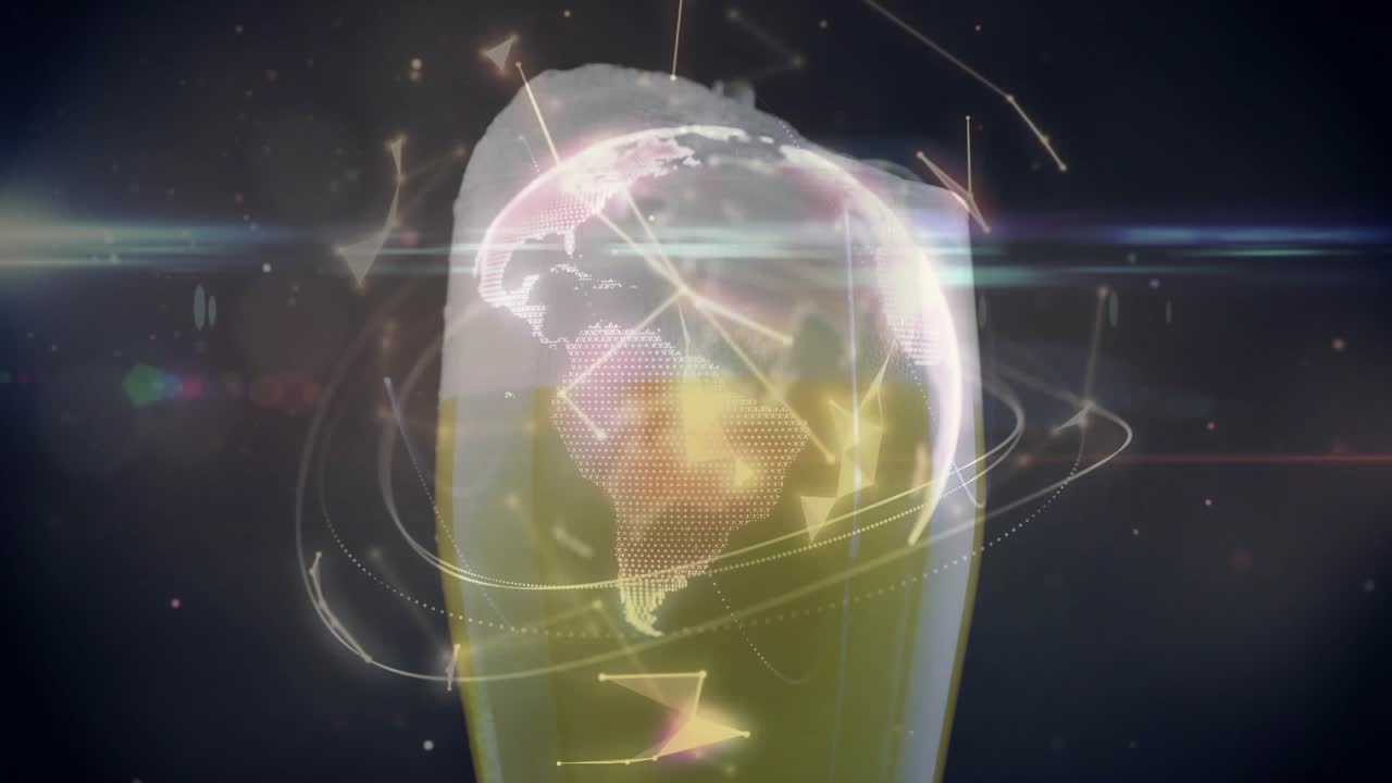 Pouring liquid filling pilsner glass, foam forming, globe emerging, orbiting nodes showing network