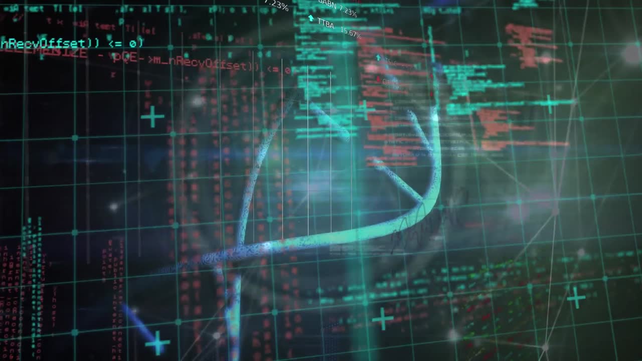 animación de estructuras de adn girando, red brillante de conexiones y procesamiento de datos.