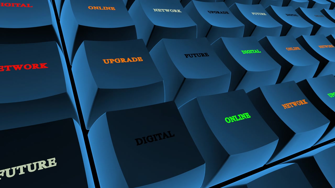 An illuminated blue key animation highlighting digital transformation, future technology, network upgrades, and online connectivity concepts.