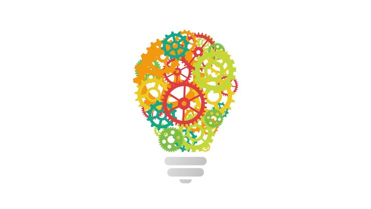 Light bulb with colored gears. Innovation and idea concept. Business, corporate, social and technological motion background.
