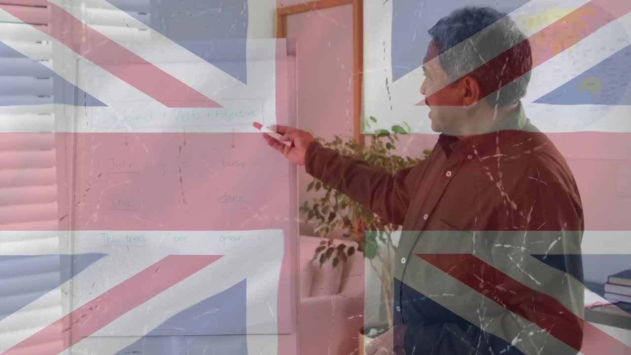 animación de la bandera del reino unido sobre un maestro masculino biracial