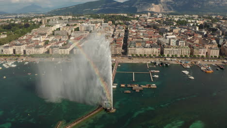 Toma-Aérea-Estacionaria-De-Un-Arco-Iris-En-La-Fuente-De-Agua-De-Ginebra.