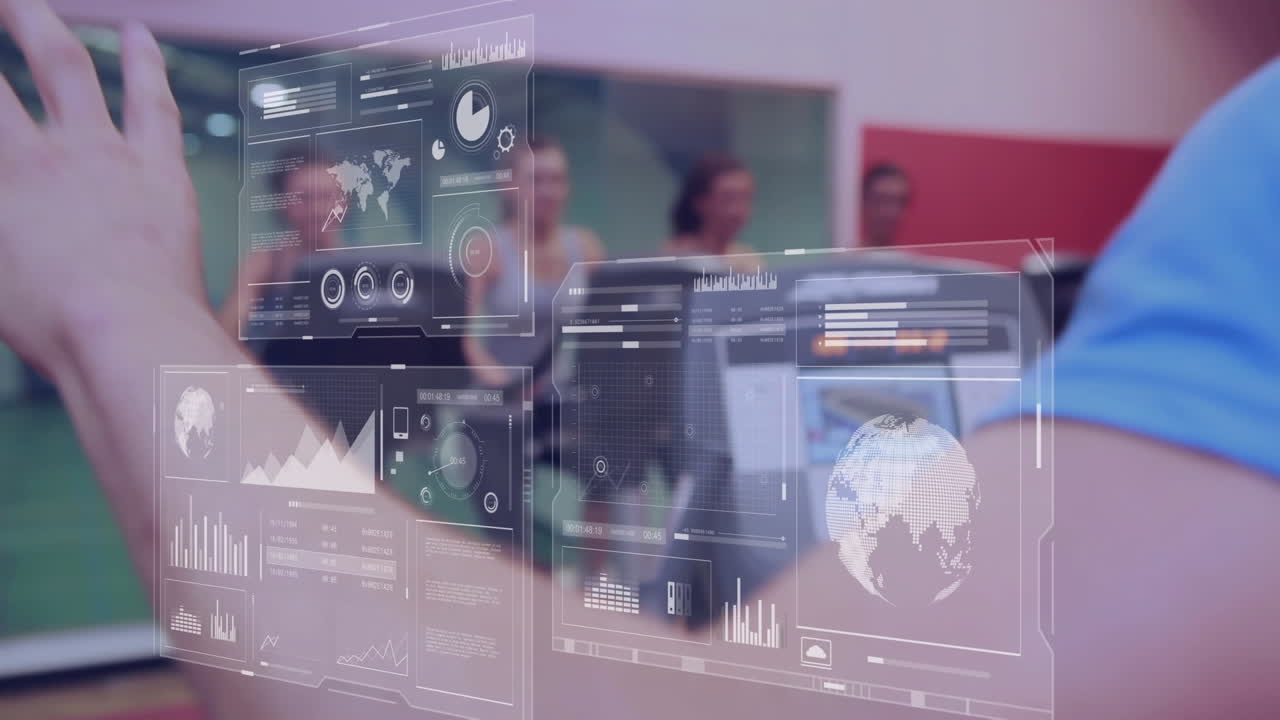 Animation of data processing over caucasian male instructor and people using stationary bikes