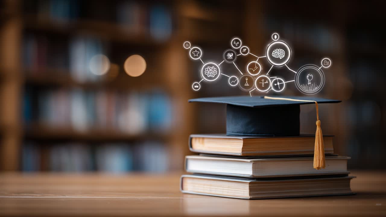 Symbolic Representation of Knowledge and Learning: A Graduation Cap on Books with Visual Indicators of Education and Innovation