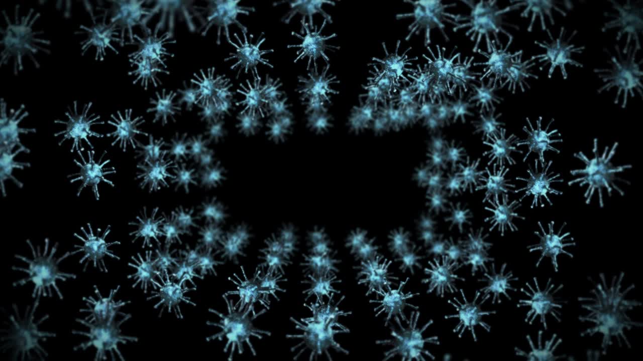 검은 바탕에 많은 바이러스 세포가 날아다니는 의료 개념, 현미경 일러스트레이션, 바이러스 분자의 3d 애니메이션 회전, 루프 애니메이션