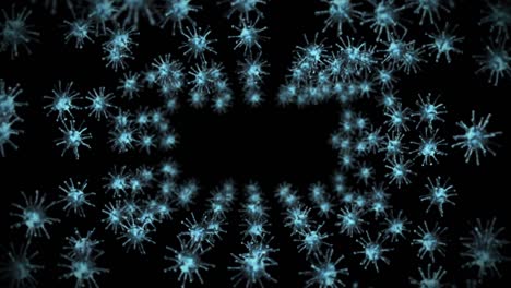 volando muchas células de virus en fondo negro. concepto médico, ilustración microscópica. animación 3d de la molécula de virus girando. animación de bucle.