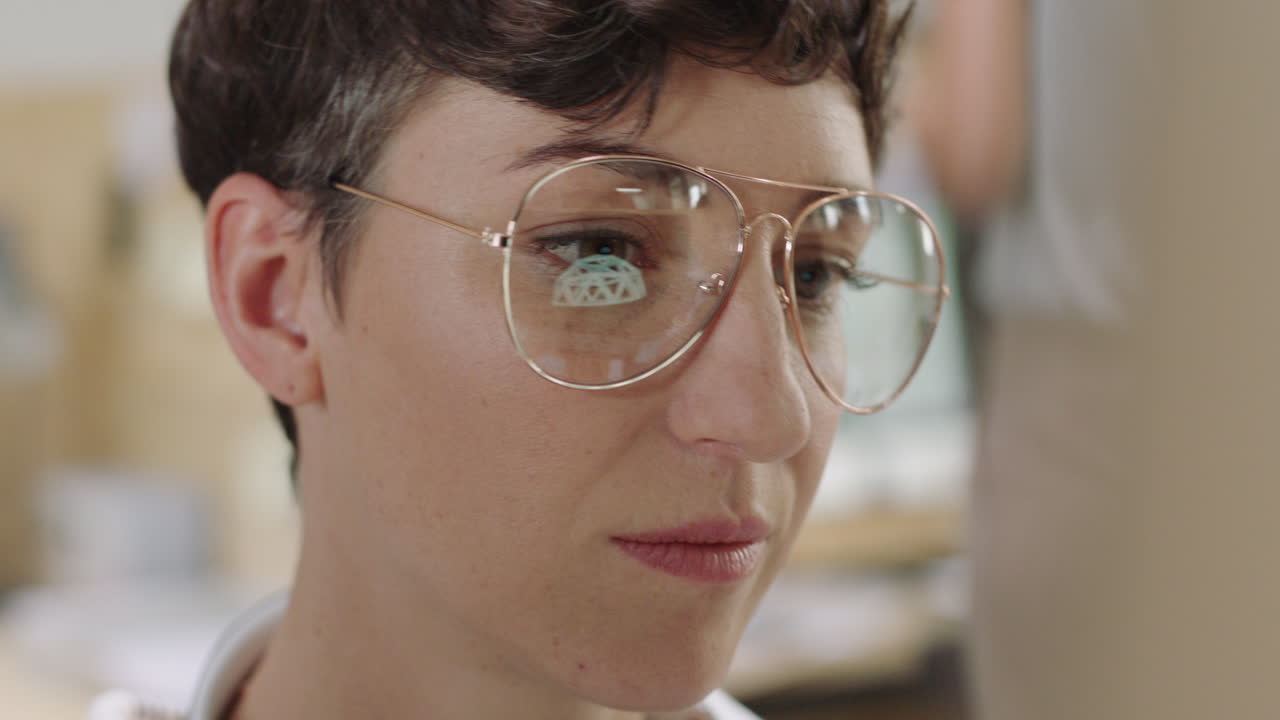 joven mujer de negocios diseñando cúpula geodésica en 3d usando pantalla de computadora ingeniera trabajando en un proyecto de diseño de prototipo haciendo lluvia de ideas creativas usando gafas en la oficina