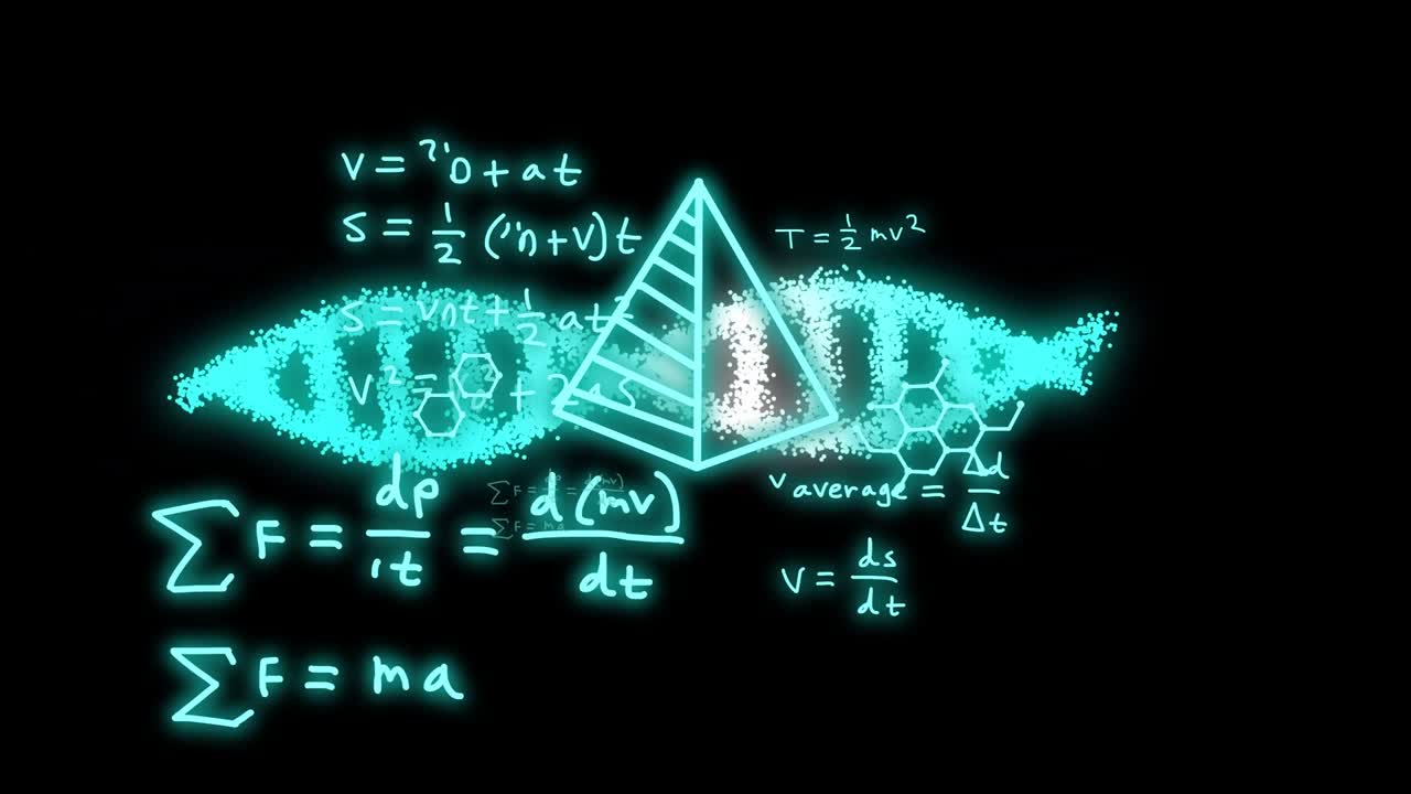 Teal cloud starting spread, dots forming helix, pyramid rising, formulas appearing, showing science