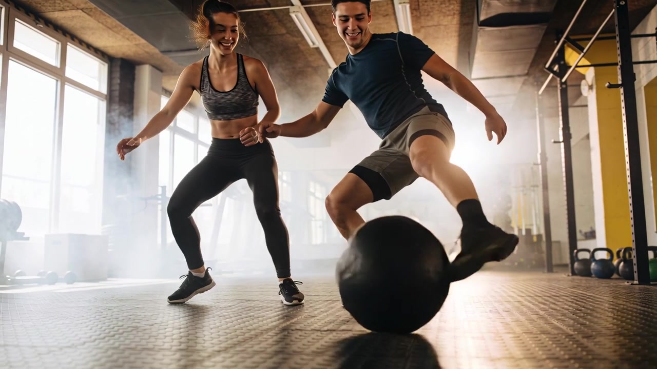 Pareja en forma entrenando el control del balón después de tocar un balón medicinal en el gimnasio, con ropa deportiva.