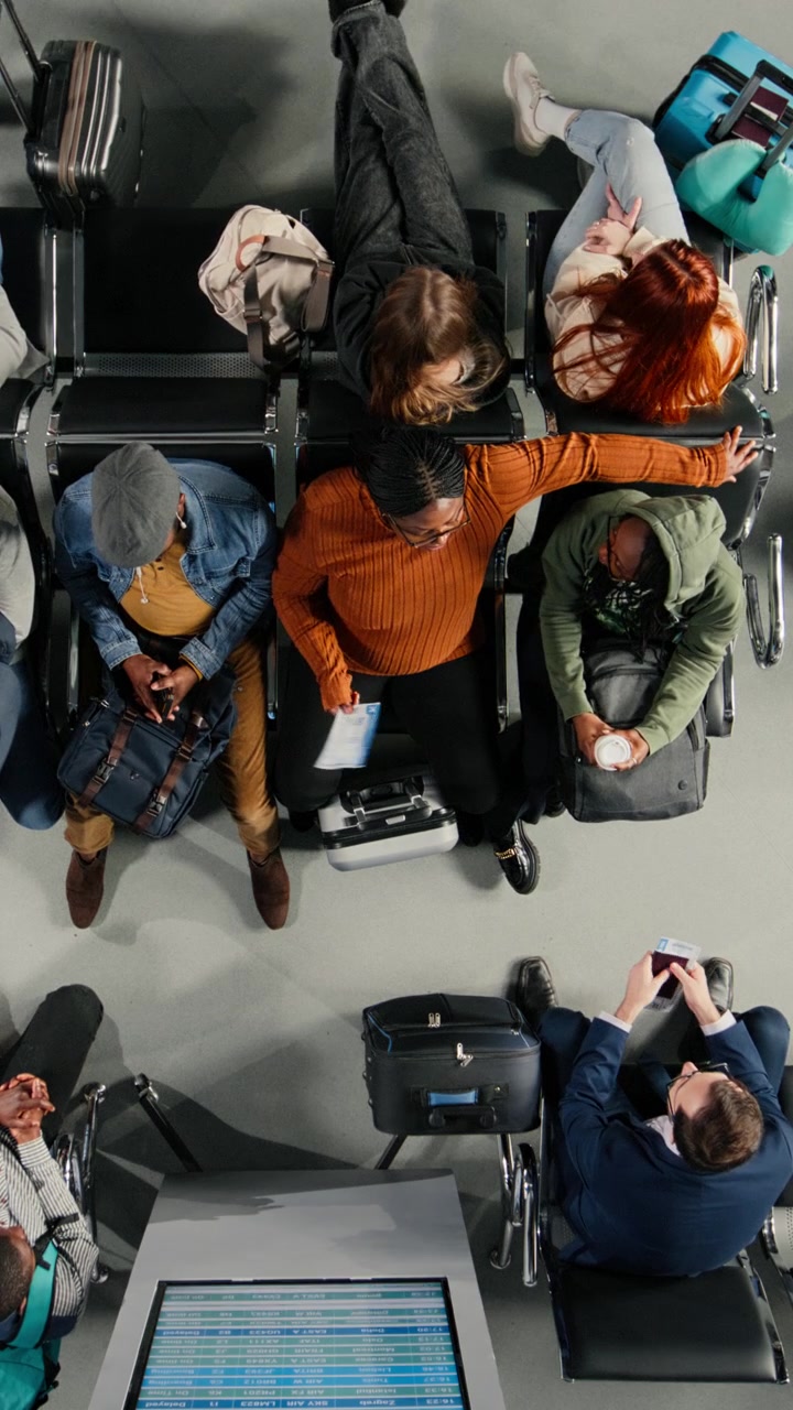 Overhead View of Diverse Passengers Waiting in Airport Departure Lounge