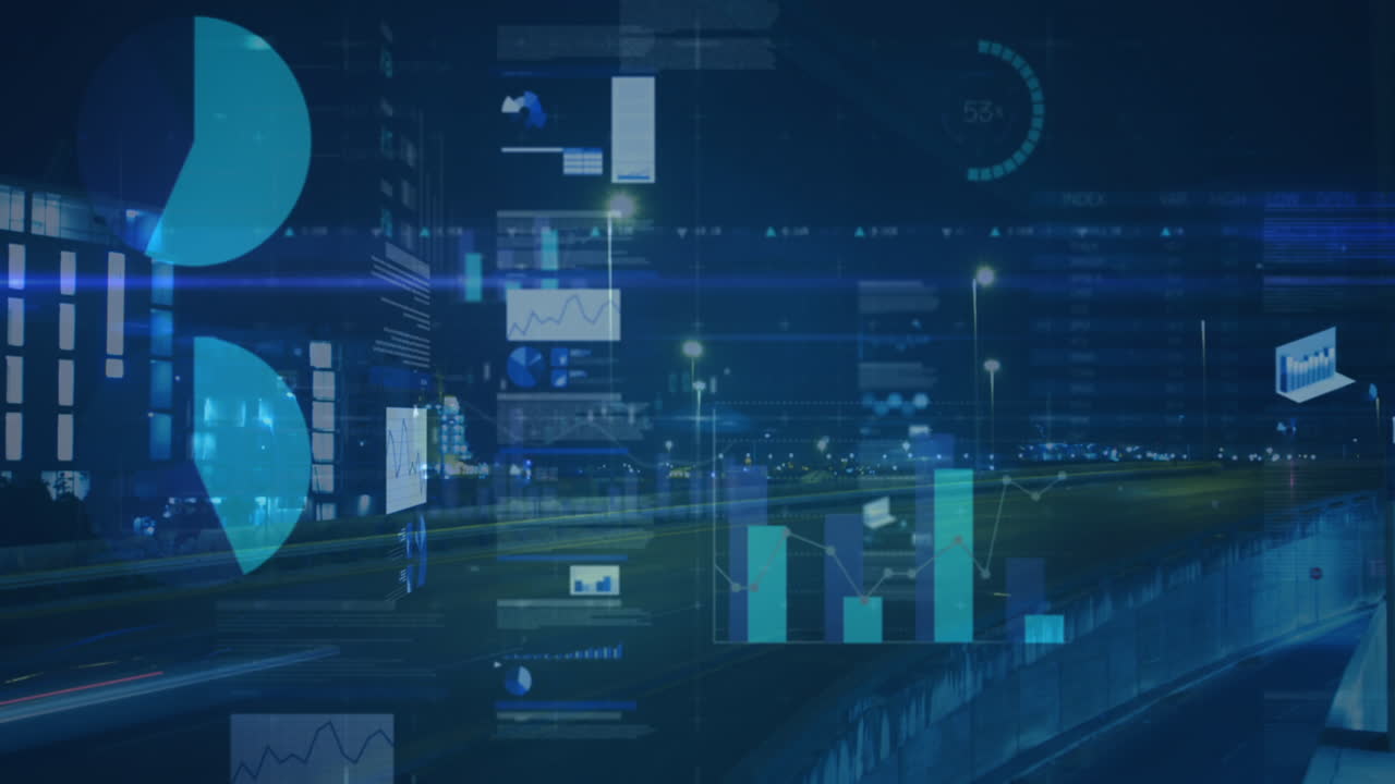Animation of statistics and financial data processing over cityscape