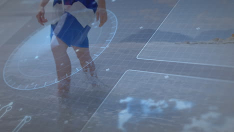 animación de procesamiento de datos sobre mujer caucásica caminando por la playa
