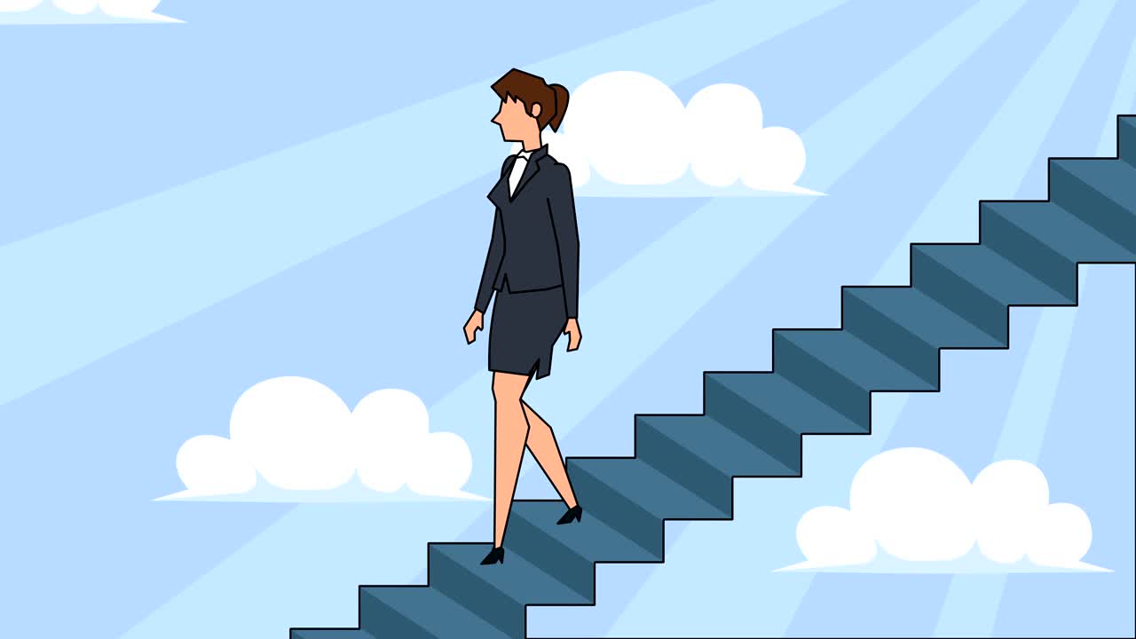 평평한 만화 사업가 캐릭터는 경력 사다리 계단을 내려 간다 개념 애니메이션