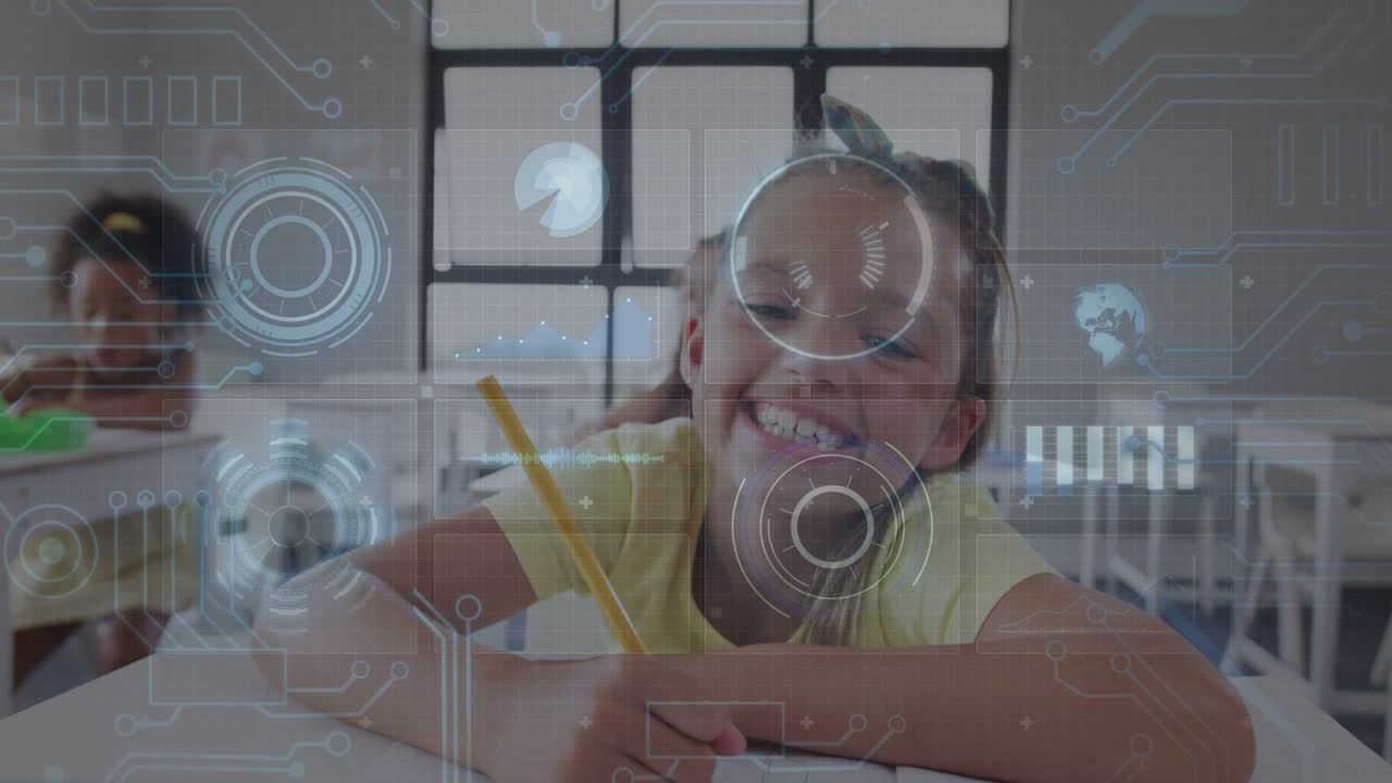 Female student finishing workbook, smiling up at camera, HUD overlay tracing pencil for school
