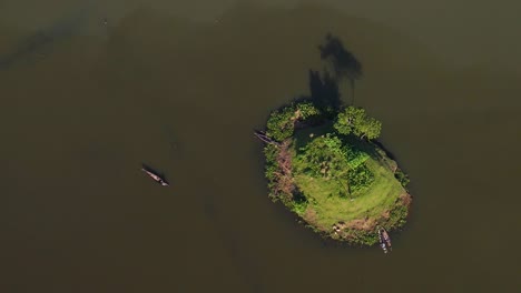 Aerial-Birds-Eye-View-Of-Small-Island-Surrounded-By-Floodwater-In-Sylhet