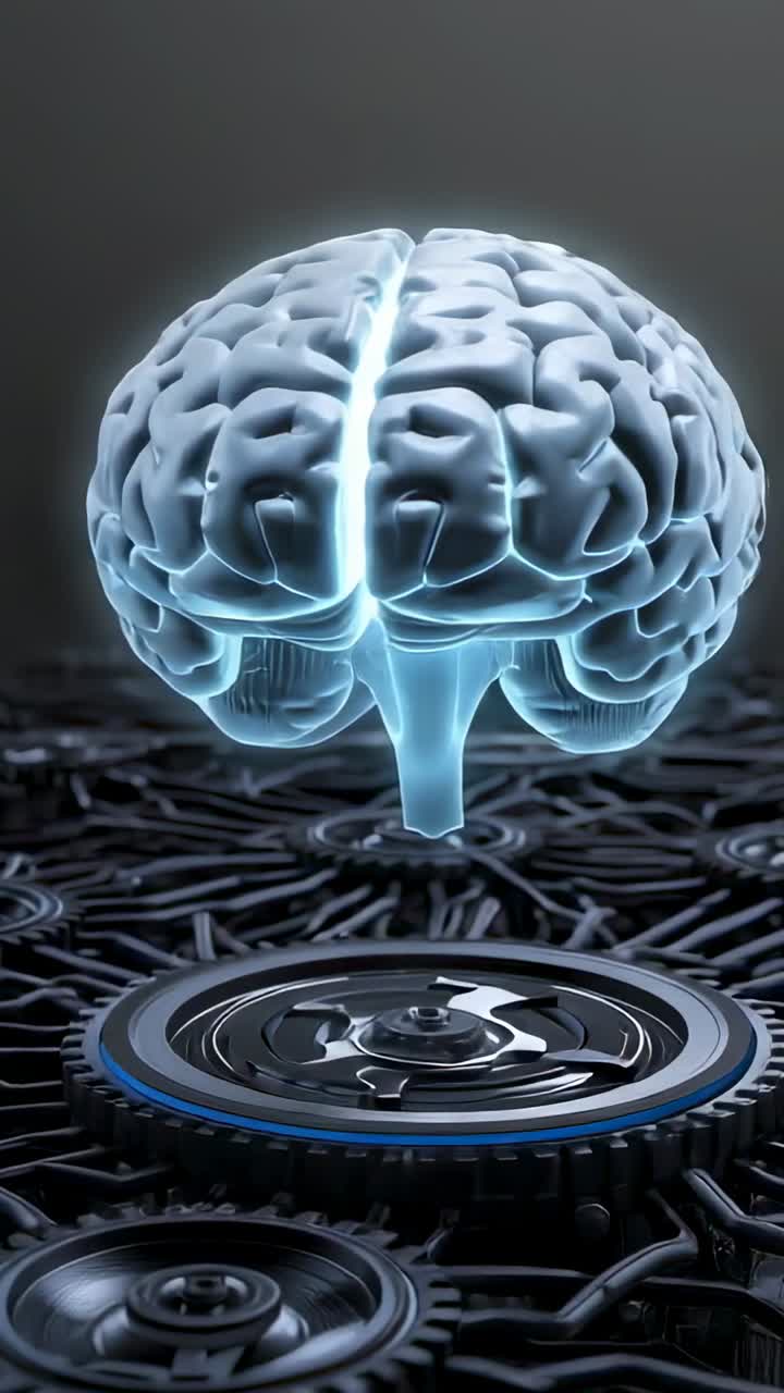 Vertical video: Rotating blue brain hologram hovering over gear base in dim lab with cables, gears