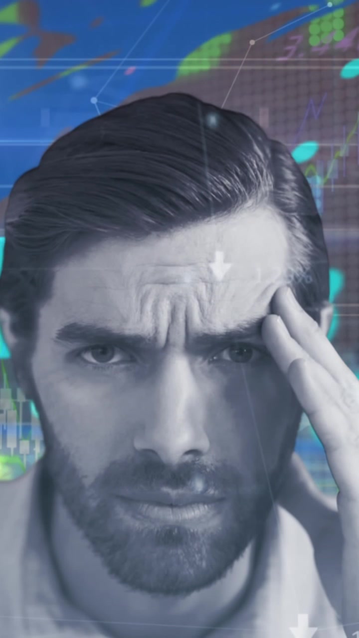 Animation of stressed caucasian man over graphs, trading board, map against abstract background