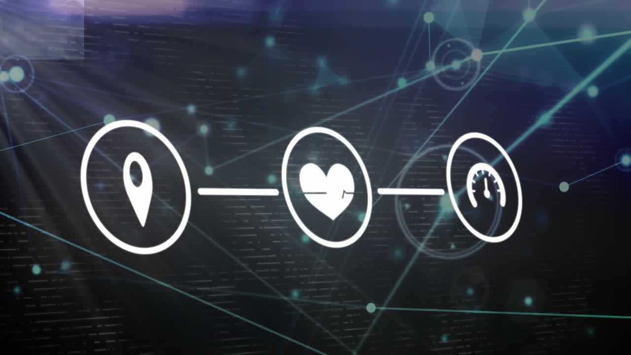 animación de la red de conexiones e íconos digitales contra rastros de luz en fondo negro