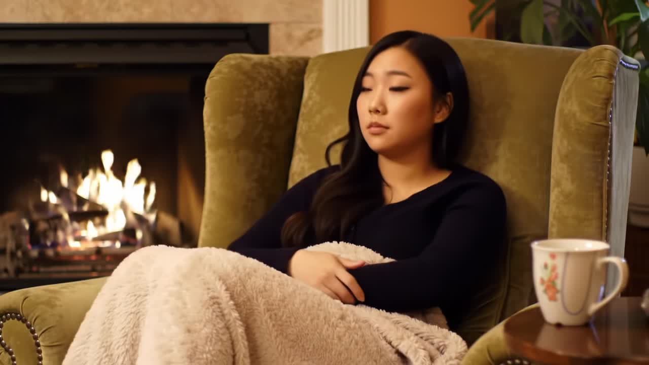 A Cozy Moment by the Fireplace: Tranquil Reflection and Serenity on a Winter Evening with a Warm Beverage and Soft Blanket