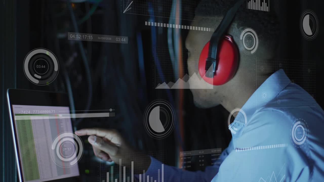 Data center tech noticing sheet alert laptop, leaning, pointing rows, reaching rack, monitoring HUD