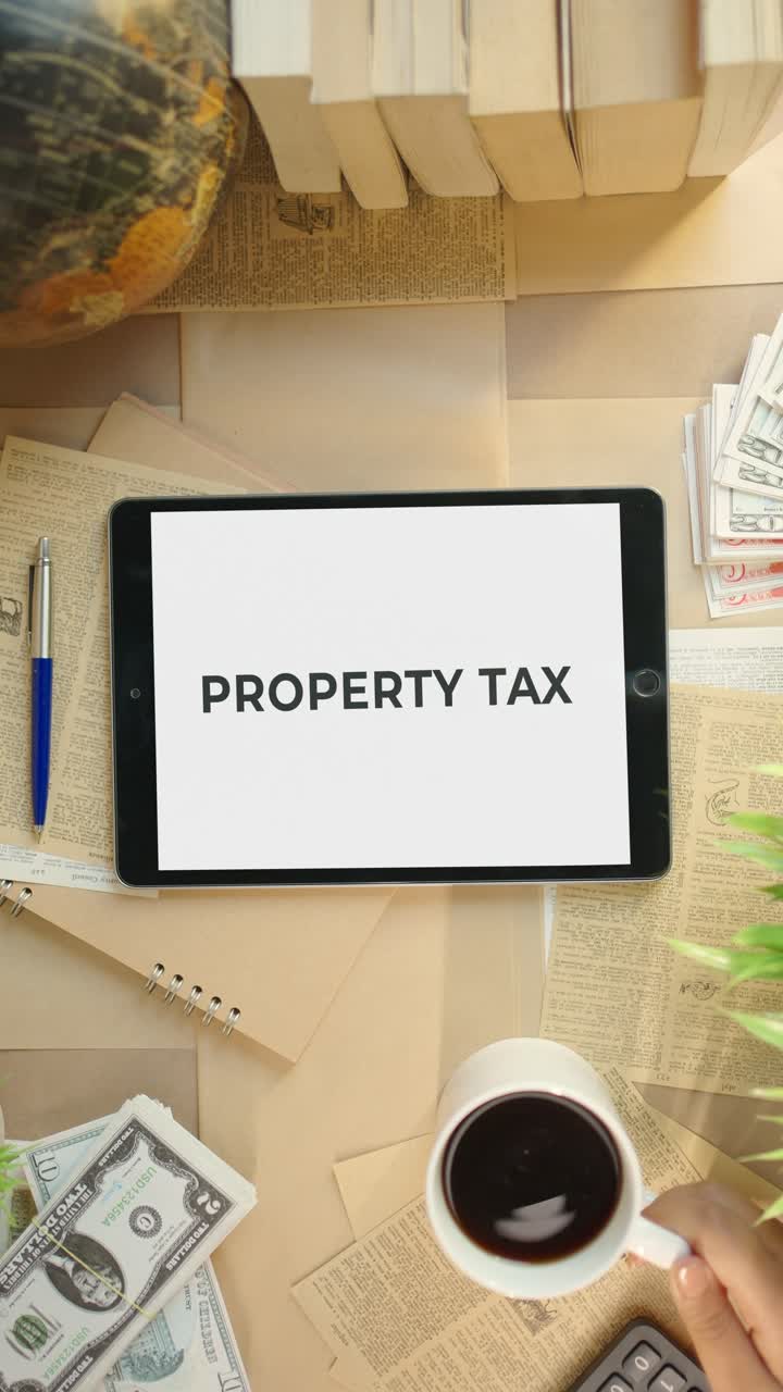 VIDEO VERTICALE DI UN'IMPOSTA IMMOBILIARE VISUALIZZATA SULLO SCHERMO DI UN TABLET FINANZIARIO