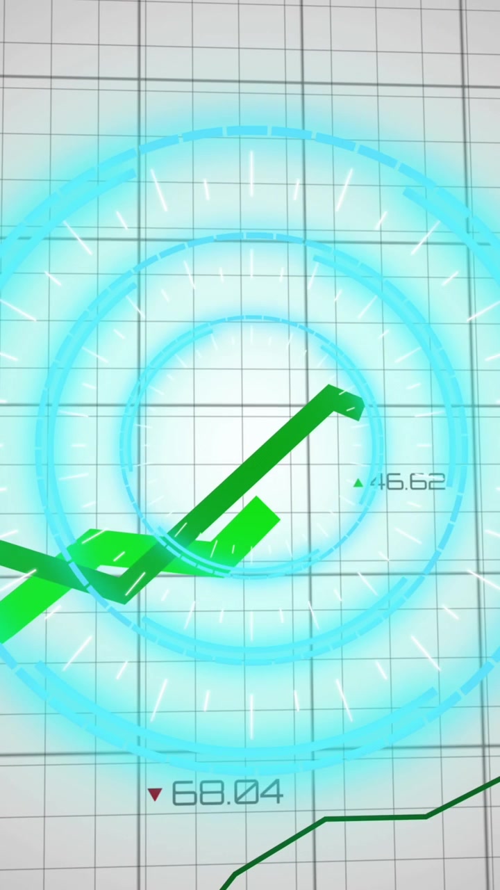 Animation of illuminated circles with green line graphs and digits over grid pattern