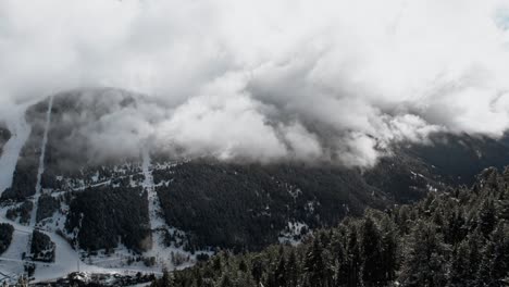 aerial panorama between trees of a valley in cloudy alpine snowy mountain with clouds