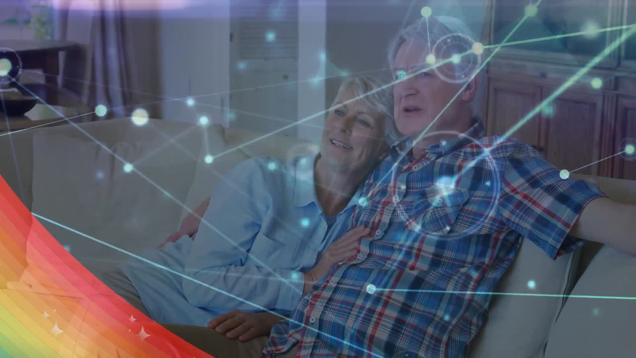 animación de puntos de conexión sobre una pareja de adultos mayores caucásicos hablando mientras están sentados en la sala de estar