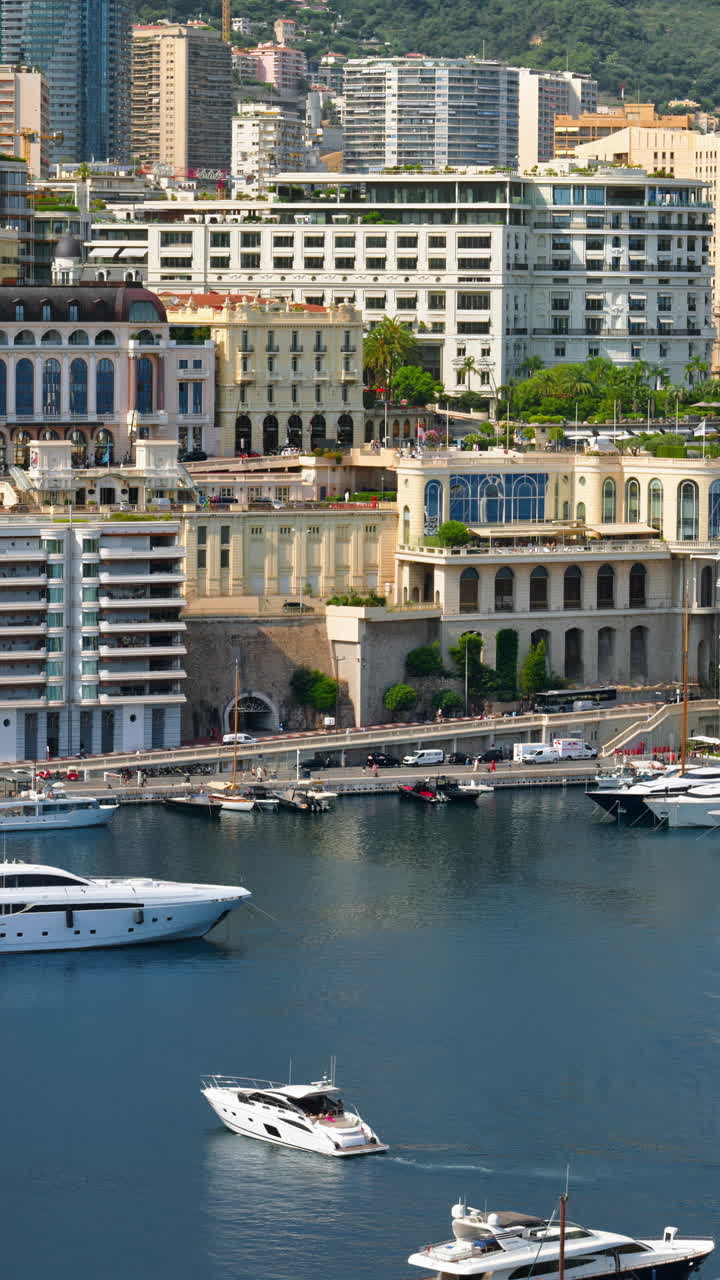 View of boats docked in the Monaco Marina with the skyline of the city on the background. Vertical