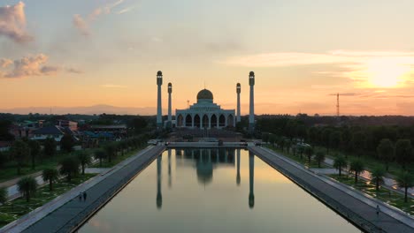 drone footage of songkhla central mosque at sunset in songkhla