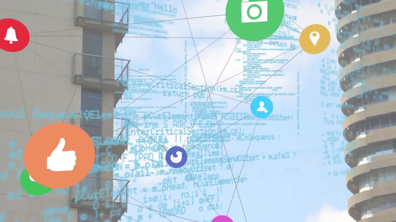 연결 아이콘의 웹과 높은 건물에 대한 데이터 처리