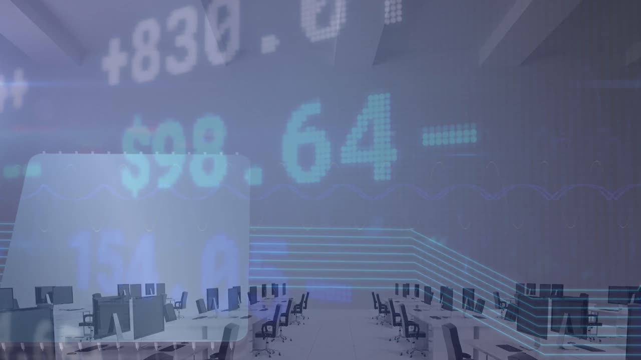 컴퓨터로 오피스 데스크에서 금융 데이터 처리의 애니메이션