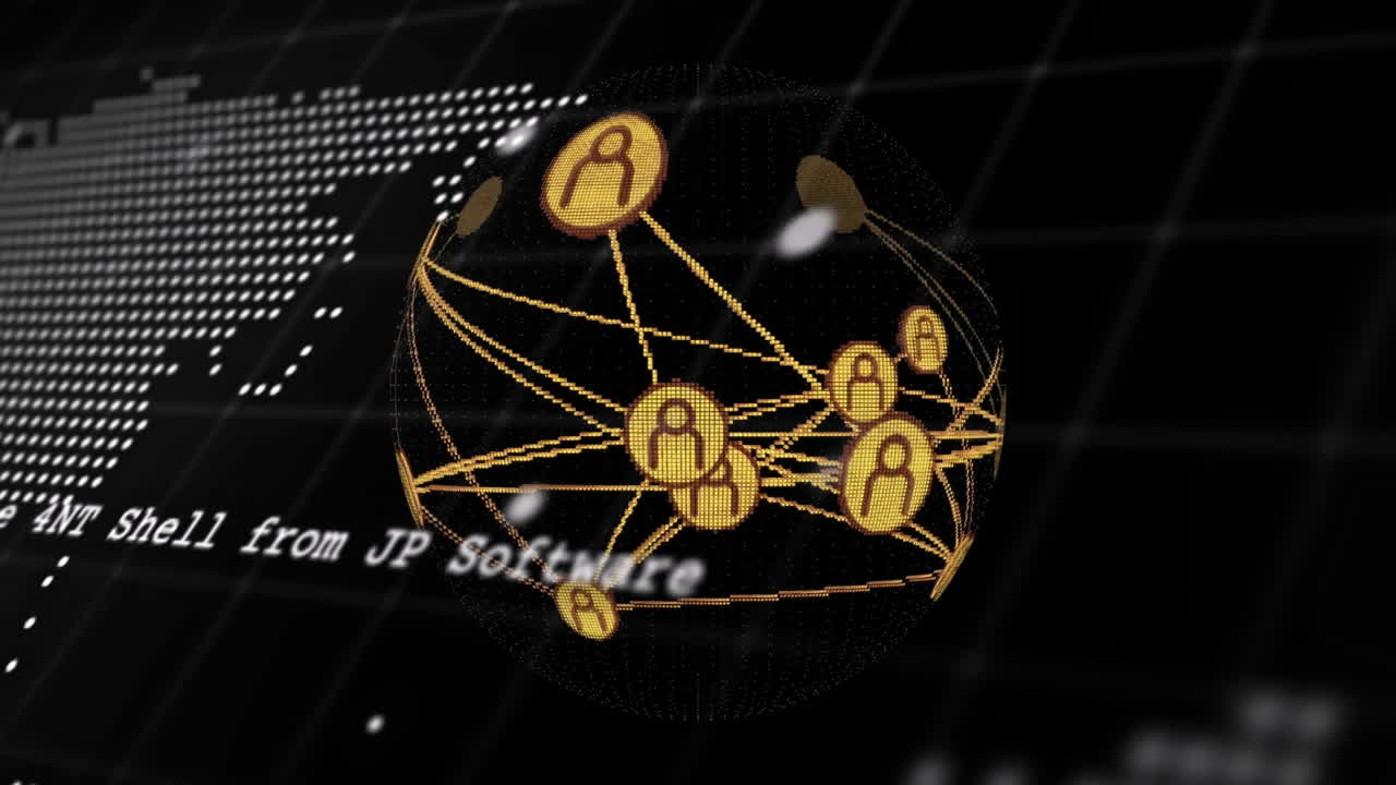 검은색 배경에 세계 지도와 함께 데이터 처리에 대한 아이콘과 연결의 지구의 애니메이션