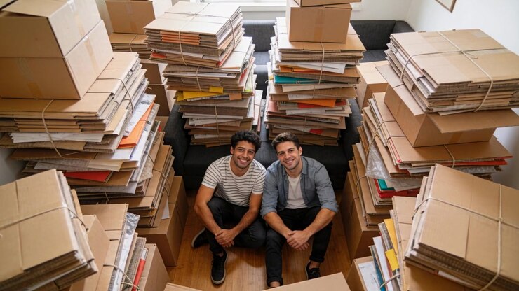 Zooming camera catching two men sitting smiling in small living room during move amid cardboard