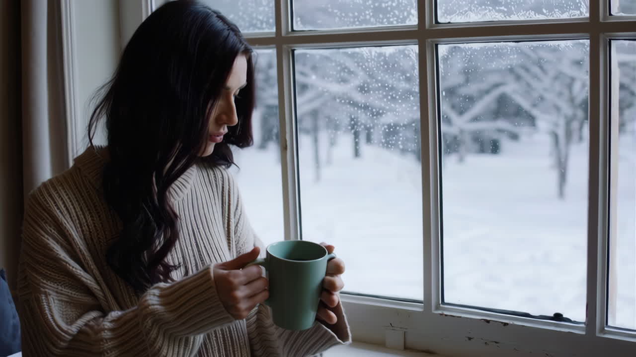 Woman enjoying a warm drink by the window on a snowy day