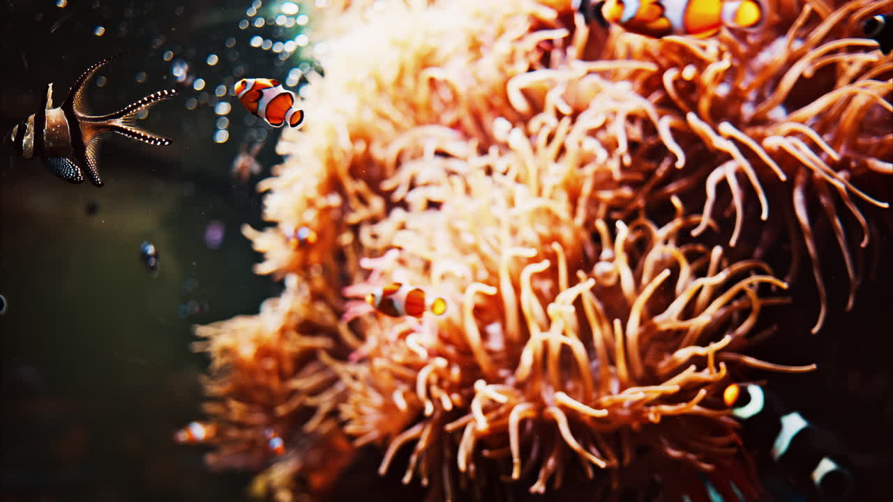 Close up of ocellaris clownfish swimming near coral reefs