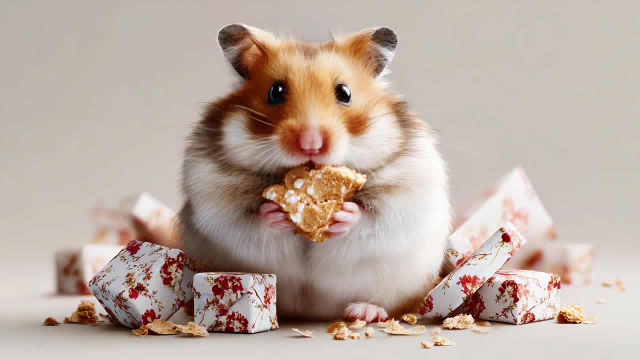 A Curious Hamster Enjoys a Snack Amidst Colorful Decorations: Capturing the Playful Nature and Delight of a Small Pet Savoring Treats in a Captivating Setting Filled with Joyous Moments