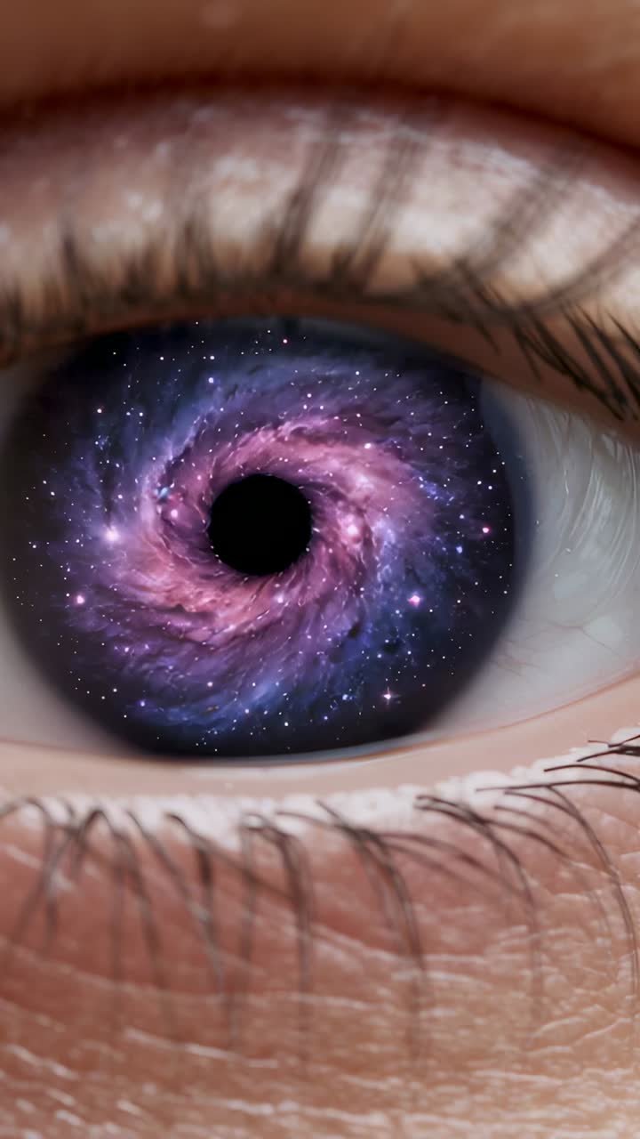 Vertical video: Showing one human eye with overlay activating rotating nebula spiral in studio iris