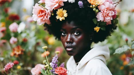 woman with floral headpiece in a garden