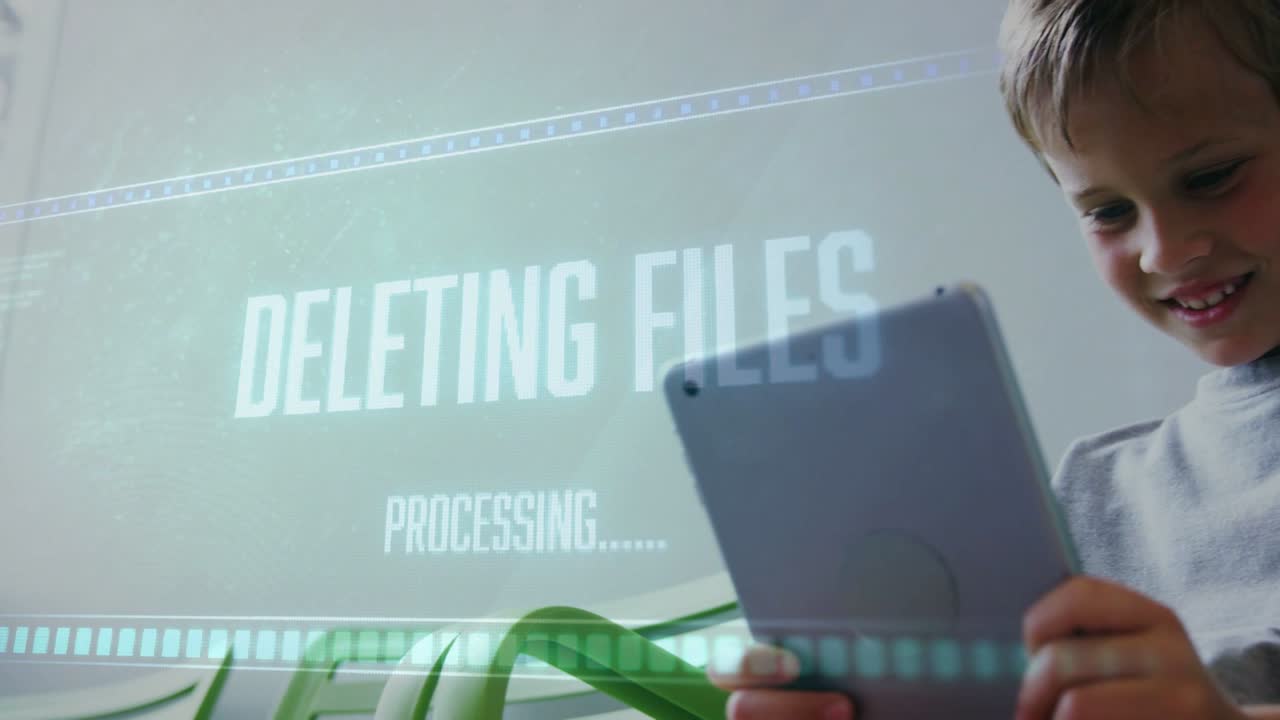 Child holding tablet on green bench tapping screen, technology overlay deleting files progressing