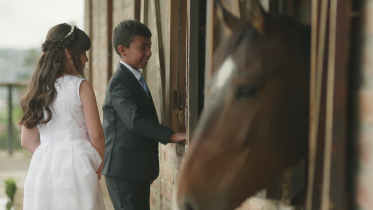 A boy in an elegant suit and a girl in a white dress tenderly caress a horse from a stable window.