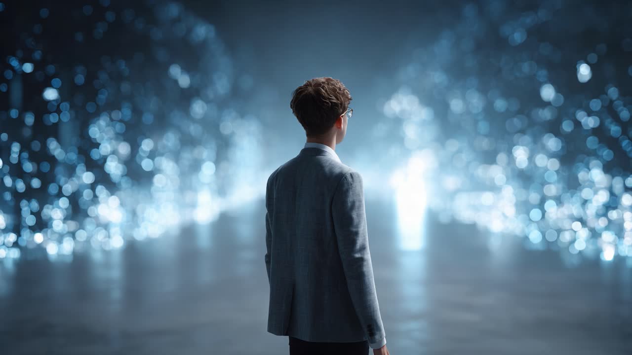 A Contemplative Individual Stands Before a Dazzling Array of Digital Lights, Emblematic of the Intersection of Technology and Human Experience in a Modern World