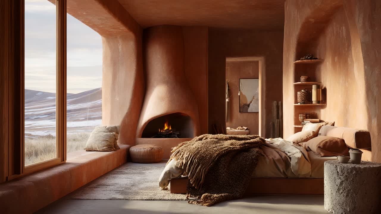 A Cozy and Contemporary Bedroom Interior Showcasing Earthy Tones and Natural Textures, Featuring a Warm Fireplace and Panoramic Windows with Scenic Views, Ideal for Comfort and Relaxation