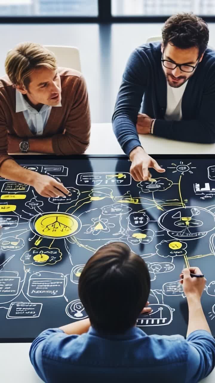 Collaborative Brainstorming Session Among Colleagues with Innovative Mind Maps and Visual Diagrams on a Digital Surface Highlighting Key Ideas and Concepts