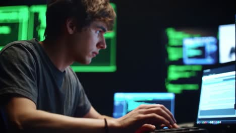 focused young programmer delving into complex code on multiple screens in a darkened room enhanced by green text and digital displays