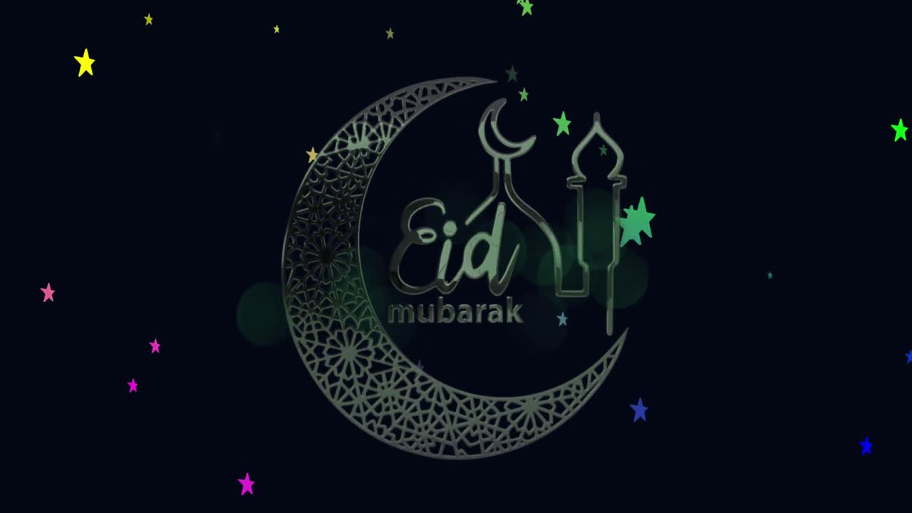 animación del texto de eid mubarak con luna creciente y mezquita con estrellas de fondo